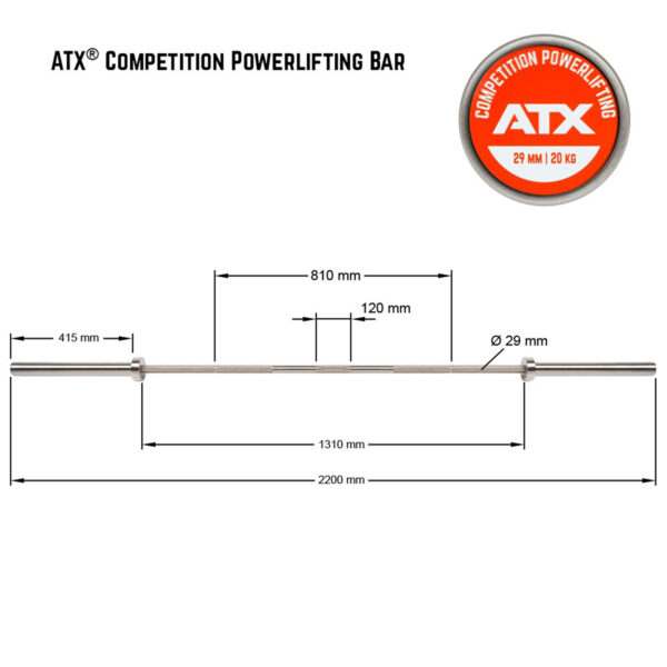 ATX® Competition Powerlifting Barbell diagram with dimensions: 2200 mm total length, 810 mm grip area, 29 mm diameter, and 20 kg weight. A Competition Powerlifting logo is displayed in the corner.