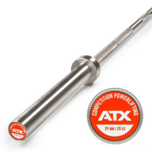 A striking ATX® Competition Powerlifting Barbell with silver finish and red ends features a 29 mm, 20 kg build, highlighted by a circular sticker.