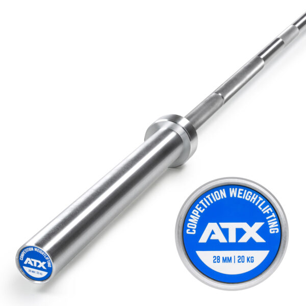 An ATX® Competition Olympic Weightlifting Barbell is shown, branded ATX, with a circular label stating Competition Weightlifting, 28 mm, 20 kg.
