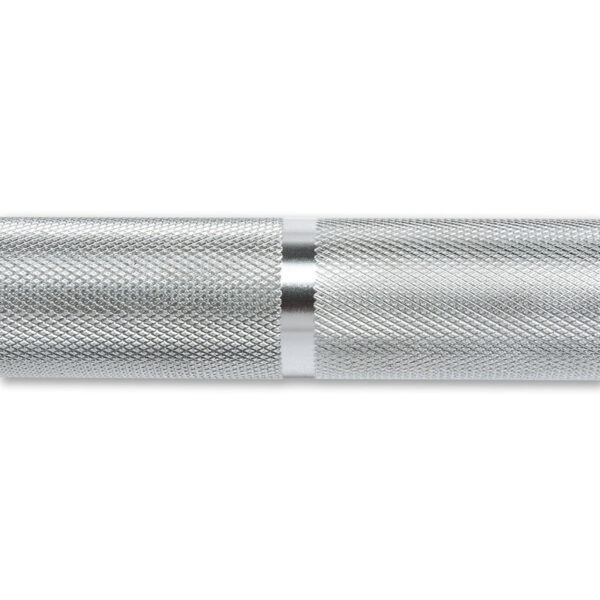 Close-up of the ATX® Competition Olympic Weightlifting Barbell, showcasing its silver, metallic surface and textured knurled grip for secure handling. Expertly designed for weightlifting exercises, it combines elegance with functionality.
