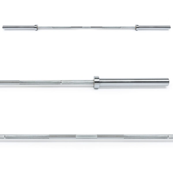 Three ATX® Competition Olympic Weightlifting Barbells are displayed horizontally on a plain white background, showcasing various angles and details such as distinctive knurling patterns and smooth sections, ideal for enhancing grip during intense lifts.