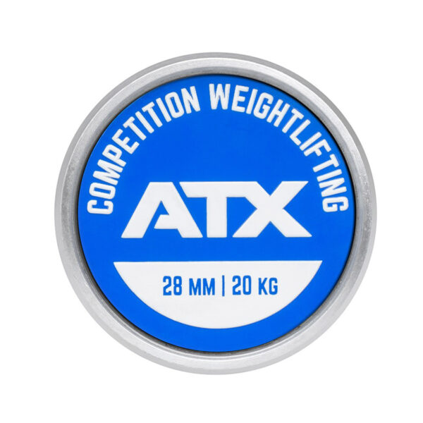 The ATX® Competition Olympic Weightlifting Barbell plate, proudly inscribed with Competition Weightlifting, features a shining ATX logo above 28 mm | 20 kg. This essential has a sleek silver edge and primarily blue design, perfect for professional setups.