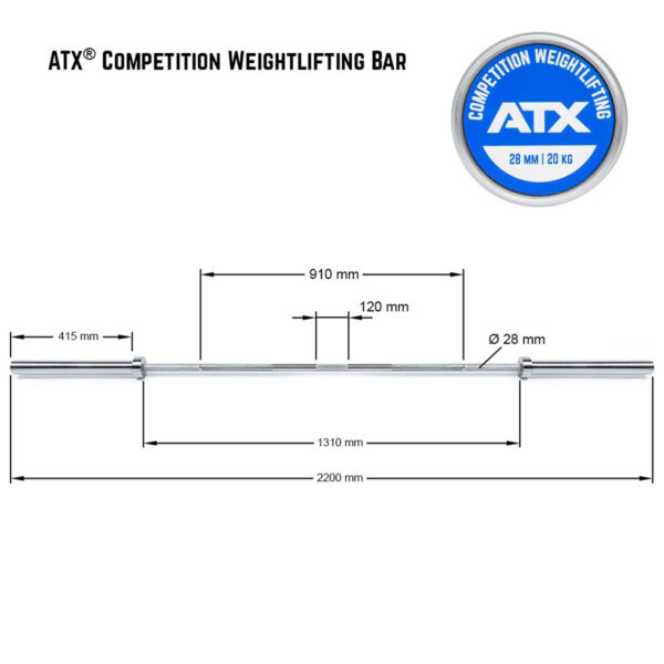 Diagram of the ATX® Competition Olympic Weightlifting Barbell shows dimensions: 28 mm diameter, 2200 mm length, 910 mm center, and two 415 mm sleeves. Top right circular logo reads Competition Weightlifting and ATX 28 mm | 20 kg.