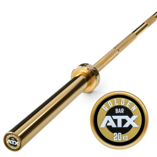 A gold barbell labeled ATX® Olympic Golden Powerlifting Bar on the end cap, featuring a sleek design and knurled grip section.