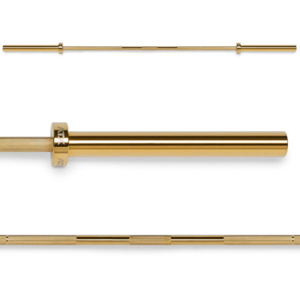 The ATX® Olympic Golden Powerlifting Bar features a gold finish with detailed images highlighting its length and close-ups of the rotating sleeve mechanism, offering a sleek and professional appearance.
