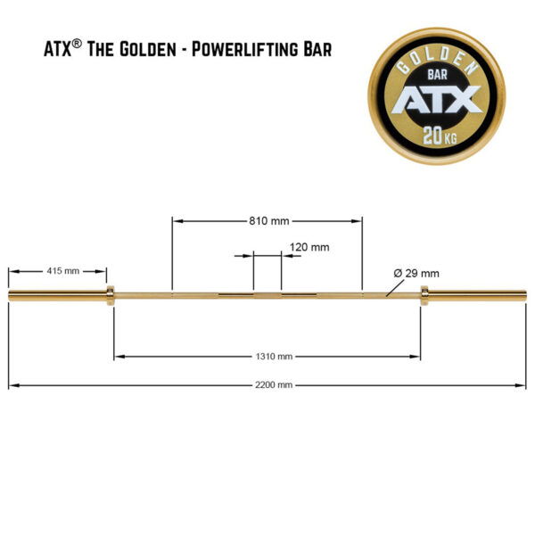 Diagram of the ATX® Olympic Golden Powerlifting Bar featuring a circular logo and detailed measurements: 2200 mm total length, 29 mm diameter, with specific segments marked as 415 mm and 810 mm. The bar weighs 20 kg.