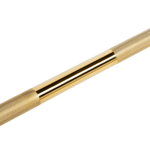 The ATX® Olympic Golden Powerlifting Bar features a gold finish with knurled grips on both ends. Its central portion is smooth and reflective, positioned diagonally against a white background.