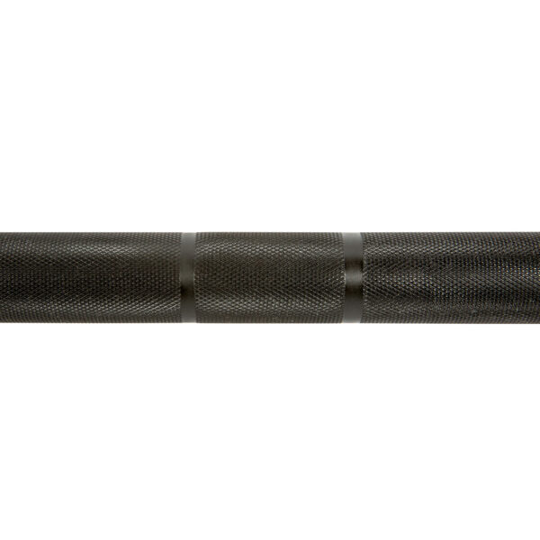 Close-up of the ATX® Olympic Power Barbell - Black, showcasing its textured black surface with a knurled grip design and several horizontal bands.