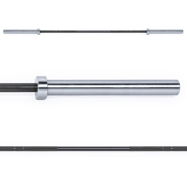 Image of the ATX® Olympic Power Barbell - Black, featuring its sleek black finish. The barbell is displayed from multiple angles, emphasizing its cylindrical shape and smooth texture.