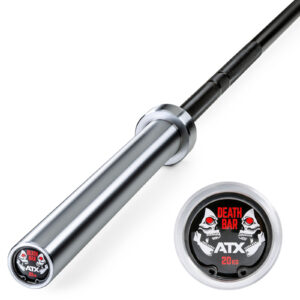 Close-up of a metallic barbell labeled ATX® Olympic Power Barbell - Black featuring two skulls and red accents, with a marked weight of 20 kg and a circular detail highlighting the bars end cap design.
