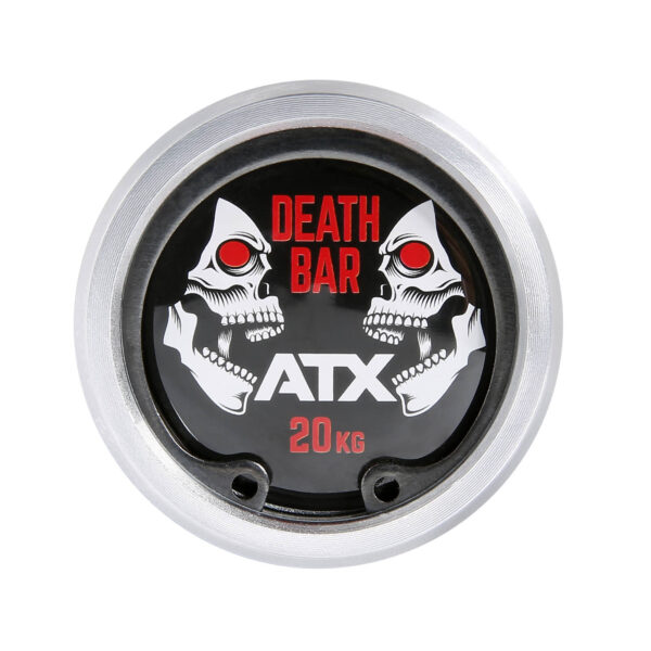 Close-up of a barbell end cap marked Death Bar and ATX with stylized skulls featuring red eyes, 20 KG, and a metallic finish on the ATX® Olympic Power Barbell - Black.