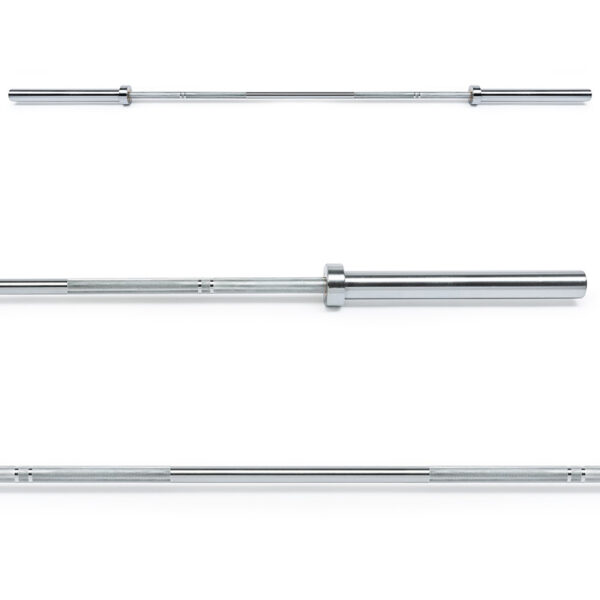 Three views of the ATX® Olympic Power Bar Chrome: top view shows the whole barbell, middle view focuses on the grip and sleeve, and bottom view details the knurling pattern.