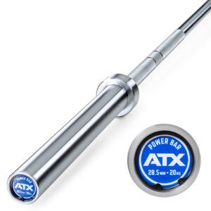 Close-up of a silver ATX® Olympic Power Bar Chrome, featuring a blue label with Power Bar, ATX, 28.5 mm, 20 kg. It has a smooth finish designed for strength training.