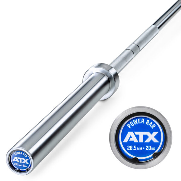 Close-up of a silver ATX® Olympic Power Bar Chrome, featuring a blue label with Power Bar, ATX, 28.5 mm, 20 kg. It has a smooth finish designed for strength training.