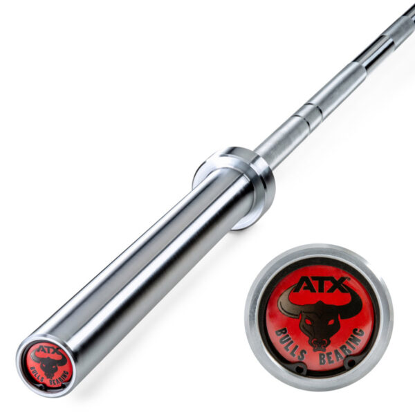A close-up of the ATX® Olympic Bulls Bearing Bar, featuring a red circular end cap with a black bull logo and the text ATX Bulls Bearing, alongside an enlarged view of the end cap.