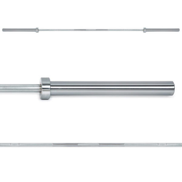 The ATX® Olympic Bulls Bearing Bar is depicted in silver metallic, showing various angles, including a close-up of the ribbed grip section and the entire barbell laid horizontally. It features a smooth shaft designed for weightlifting.