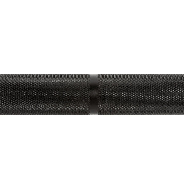 Close-up of The Original ATX® Ram Olympic Power Bar, featuring a textured, black metal with a knurled pattern and smooth center band, set against a white background.