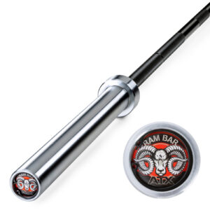 A close-up of the chrome and black Original ATX® Ram Olympic Power Bar with a silver and red end cap displaying a rams head logo. The words Ram Bar ATX encircle the logo, highlighting its strength.