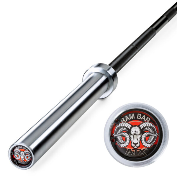 A close-up of the chrome and black Original ATX® Ram Olympic Power Bar with a silver and red end cap displaying a rams head logo. The words Ram Bar ATX encircle the logo, highlighting its strength.