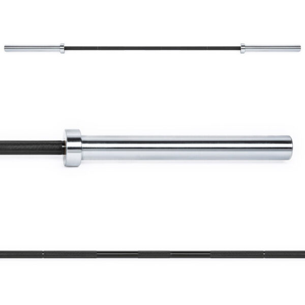 The Original ATX® Ram Olympic Power Bar features a long metallic design with smooth silver ends and a dark central section, displayed from various angles against a pristine white background.