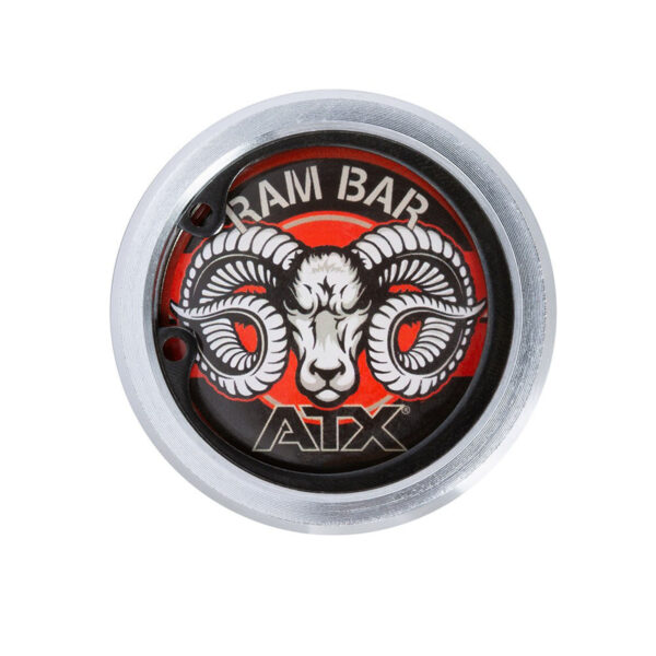A circular end cap on The Original ATX® Ram Olympic Power Bar showcases a bold rams head logo against a red backdrop, with RAM BAR ATX prominently displayed, all encircled by an elegant metallic silver border.