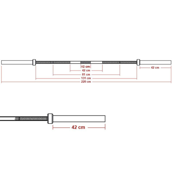 An illustration of The Original ATX® Ram Olympic Power Bar, featuring a central shaft of 131 cm, grip areas of 42 cm each, and an overall length of 220 cm. It includes labels for knurling, sleeves, and grip spacing.