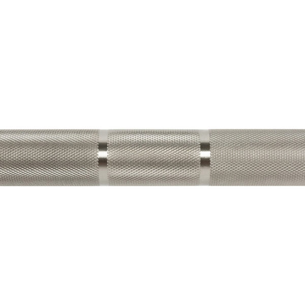 A close-up of the ATX® Olympic Stainless Steel Bar shows its textured knurled grip with a smooth ring pattern. The shiny, reflective surface highlights the precision of its engraving.
