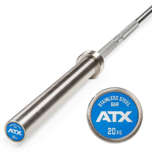 A blue end cap on the ATX® Olympic Stainless Steel Bar displays its 20 kg weight and ATX branding, as shown in the image.