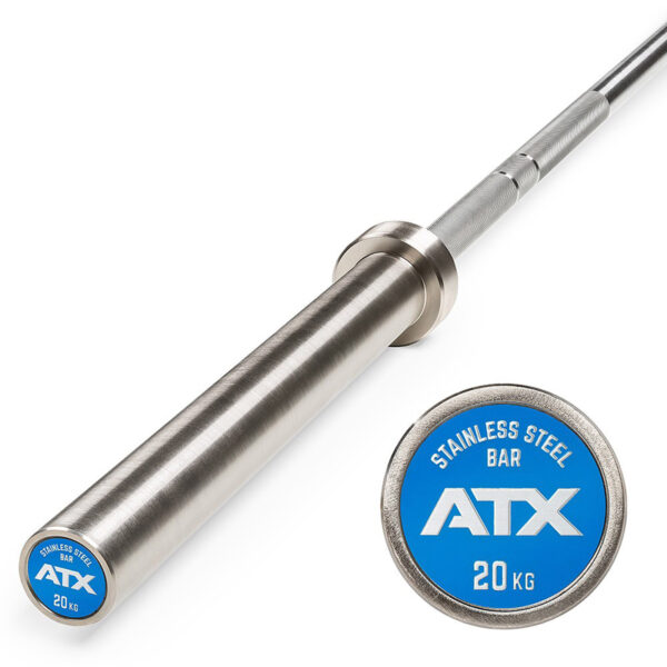 A blue end cap on the ATX® Olympic Stainless Steel Bar displays its 20 kg weight and ATX branding, as shown in the image.