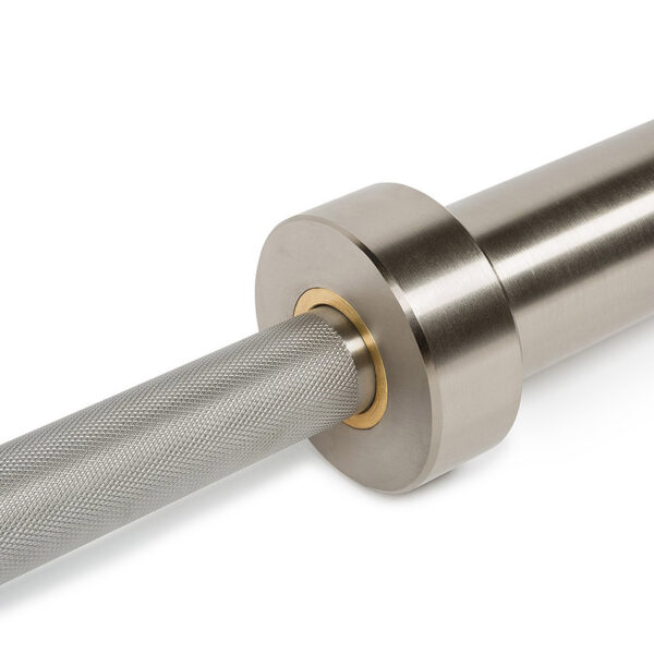 Close-up of the ATX® Olympic Stainless Steel Bars silver sleeve and collar, showcasing the textured grip and metallic finish.