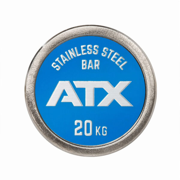 A circular weightlifting plate featuring a metallic outer rim and a blue center with the text STAINLESS STEEL BAR at the top, ATX in the middle, and 20 KG at the bottom. Product: ATX® Olympic Stainless Steel Bar.
