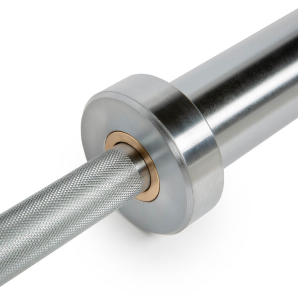 Close-up of the ATX® Olympic Womens 15kg Bar, featuring a knurled grip and smooth, shiny finish. The simple and sleek design highlights the craftsmanship of this fitness equipment.