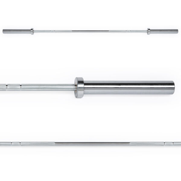 The ATX® Olympic Womens 15kg Bar, in silver, is displayed from three different angles against a white background. It features a long, cylindrical shape with a smooth, polished finish and a wider grip section in the middle.