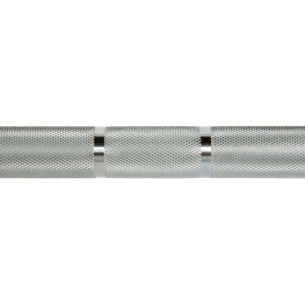 Zoom in on the ATX® Olympic Womens 15kg Bar with its silver finish and textured, knurled grip in the center. The visible knurling offers a secure, non-slip surface for weightlifting. The backdrop is plain white.