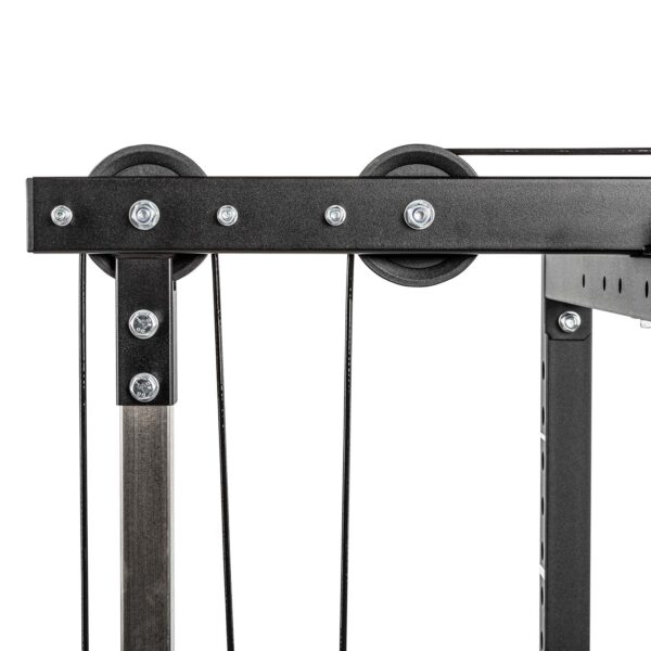 Close-up of the ATX® Lat Option 520 215cm, a black metal pulley system with multiple wheels and cables on a sturdy frame, featuring bolts for secure mounting.