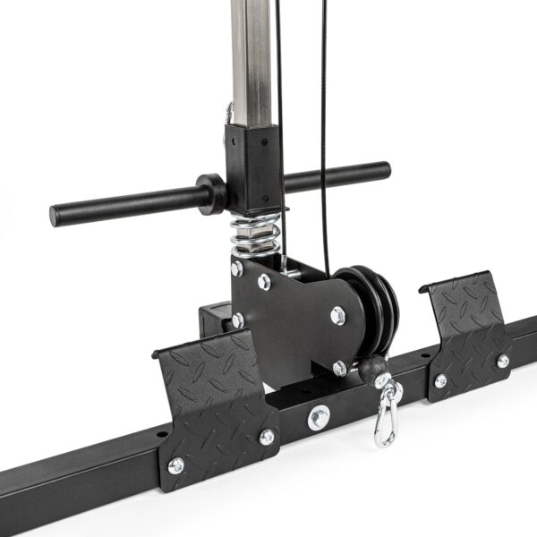 The ATX® Lat Option 520 215cm is a black gym cable machine attachment with textured grips, featuring handles, pulleys, and metal components designed for fitness exercises.