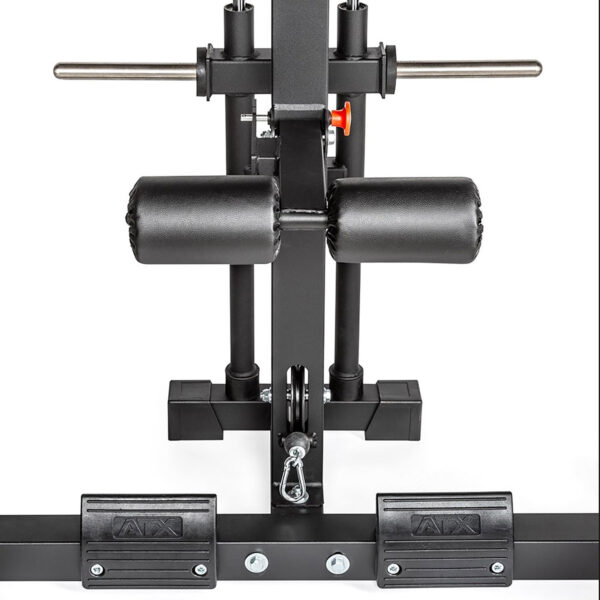 Close-up view of the ATX® Lat Option 650 Plate Loaded, a black fitness machine featuring padded support bars and adjustable mechanisms for strength training. The equipment is set against a plain white background.