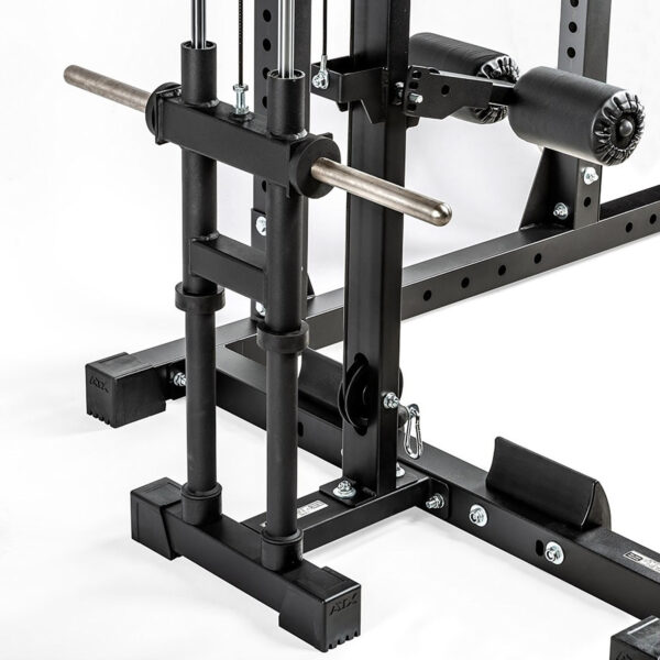 Close-up of the ATX® Lat Option 650 Plate Loaded, a black fitness machine with metal bars and padded rollers. The image highlights its adjustable components and sturdy construction, perfect for weightlifting or workout setups.