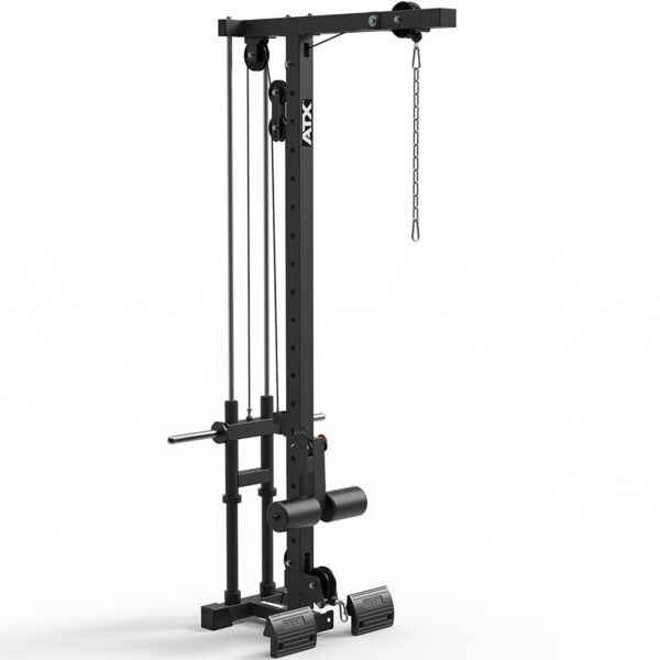 The ATX® Lat Option 750 Plate Loaded is a black cable pulley system with adjustable weights and a vertical frame, including footrests. Its ideal for targeted strength training exercises.