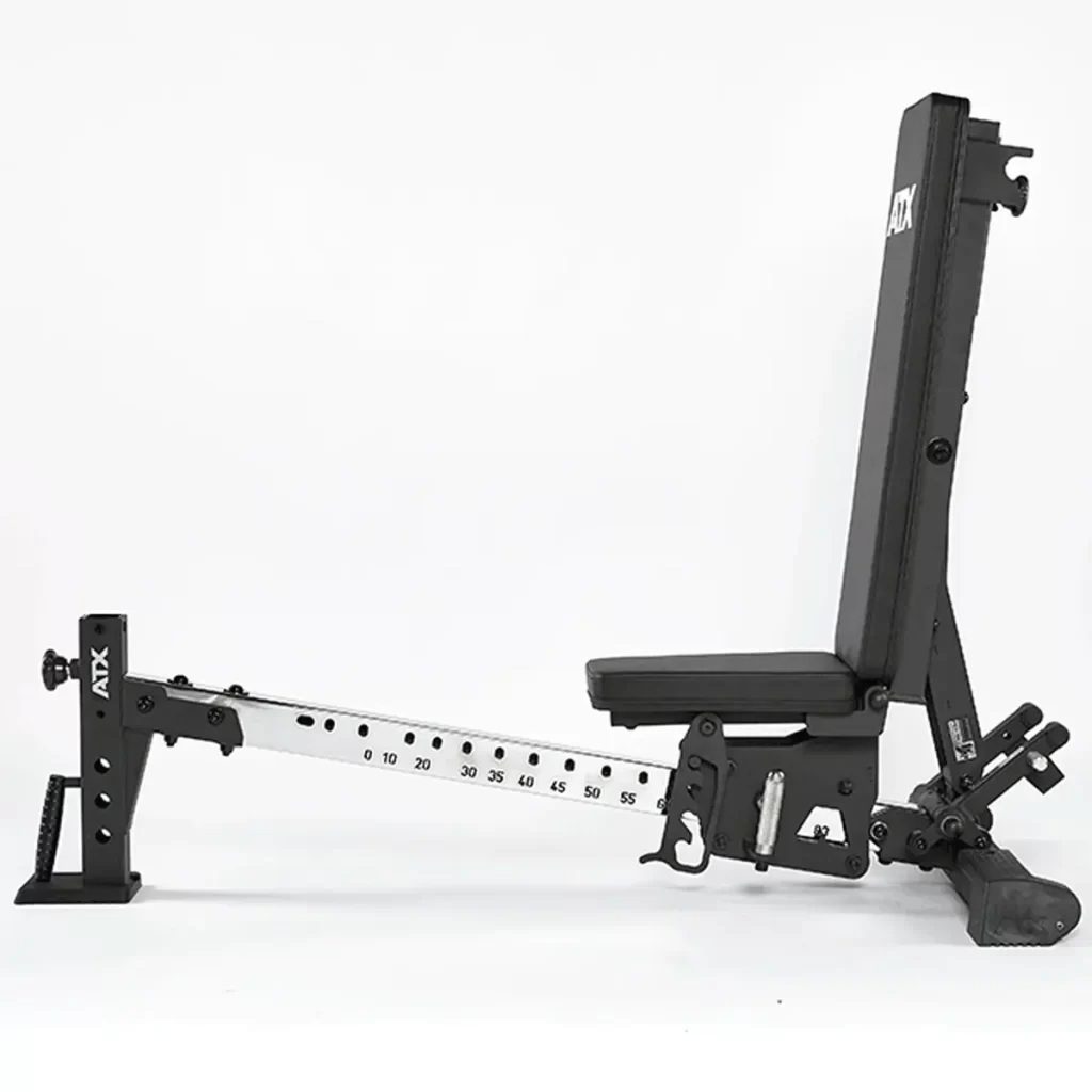 The ATX® Multi Bench, set against a white background, features a padded seat and backrest with multiple angle and height settings. It boasts a sturdy metal frame with foot supports, ideal for weightlifting and exercise.