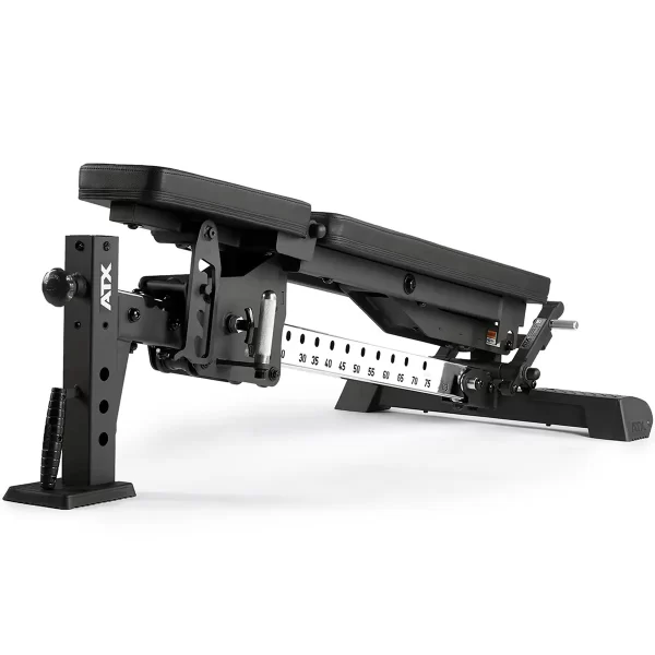 The ATX® Multi Bench is a black-finished adjustable weight bench with multiple incline settings and a sturdy metal frame. It features cushioned seat and backrest, with side measurement markings for precise adjustments.