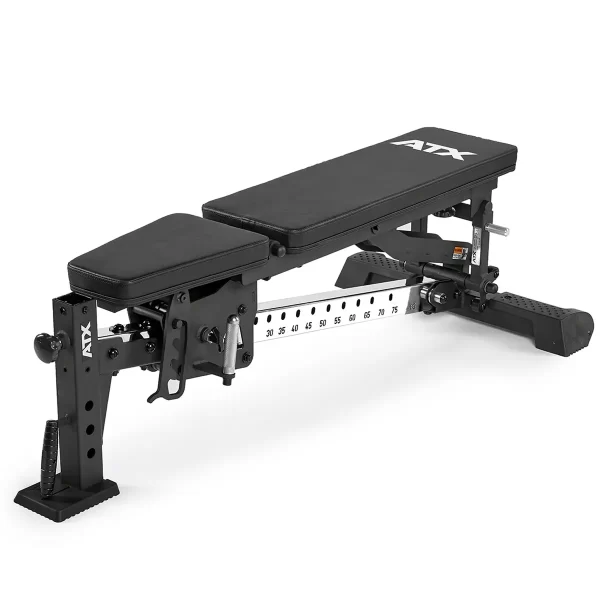 The ATX® Multi Bench features a black padded seat, adjustable angles with a numbered scale, a robust metal frame, and support handles, making it perfect for strength training or gym use. The product is shown on a white background.