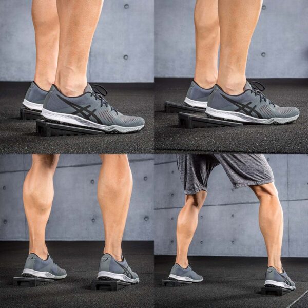 A collage of four images features a person using Mini Squat Wedges while wearing gray athletic shoes, performing calf stretches from different angles, highlighting the calf muscles and shoe design.