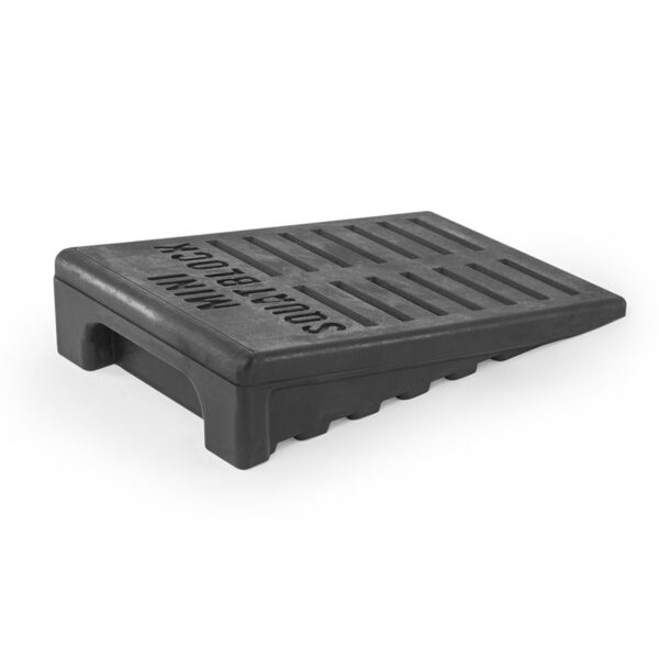 The black Mini Squat Wedges feature a wedge shape, ridged surface, and handle, making them ideal for boosting your exercise and strength training routine.