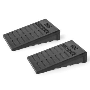 A pair of black Mini Squat Wedges, crafted from rubber and shaped like a squat wedge with a textured, slip-resistant surface. Each wedge includes grooves and THIN SMART BLOCK embossed on top.