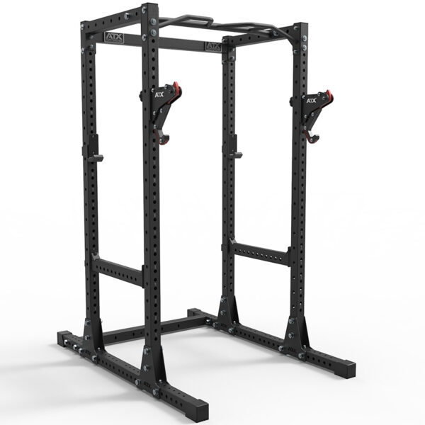 The ATX® PRX Monolift is a black metal power rack with adjustable bolt holes, a top pull-up bar, barbell hooks, and a sturdy base for stability. Its designed for weightlifting and strength training exercises.