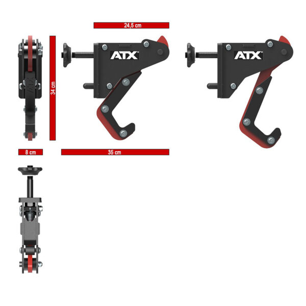 Three views of the ATX® PRX Monolift in black and red, showcasing dimensions: 24.5 cm (width), 3.4 cm (depth), 35 cm (height), with a base width of 8 cm. Includes side, front, and top perspectives.