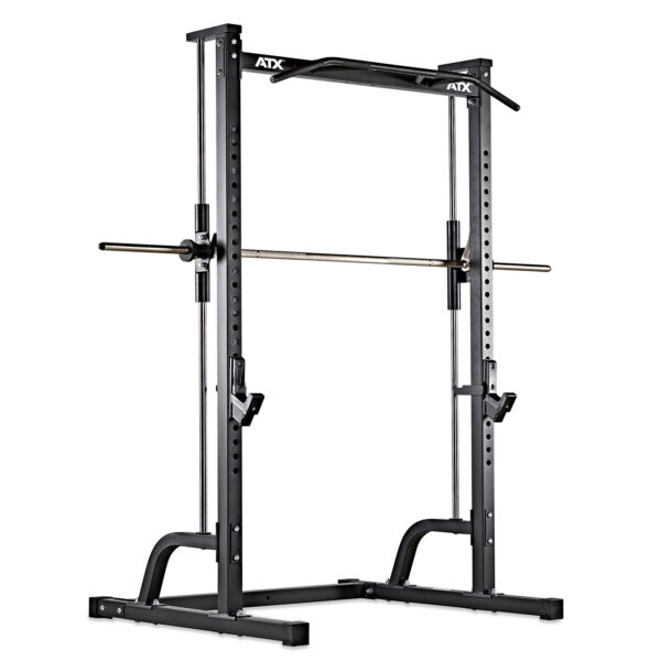 The ATX® Smith Machine Half Rack is a black, free-standing unit with adjustable barbell holders and a pull-up bar. It features multiple height settings for versatile workouts and has a logo at the top.