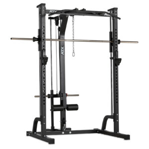 The ATX® Smith Machine System Plate Loaded is a multifunctional black power rack featuring a barbell, adjustable safety bars, and a cable pulley system, ideal for strength training exercises like squats and bench presses. The design emphasizes durability and sturdiness.