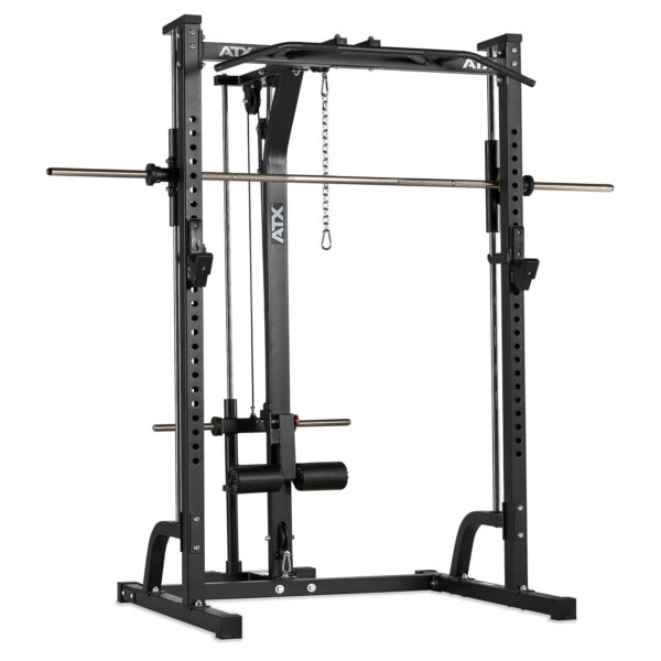 The ATX® Smith Machine System Plate Loaded is a multifunctional black power rack featuring a barbell, adjustable safety bars, and a cable pulley system, ideal for strength training exercises like squats and bench presses. The design emphasizes durability and sturdiness.